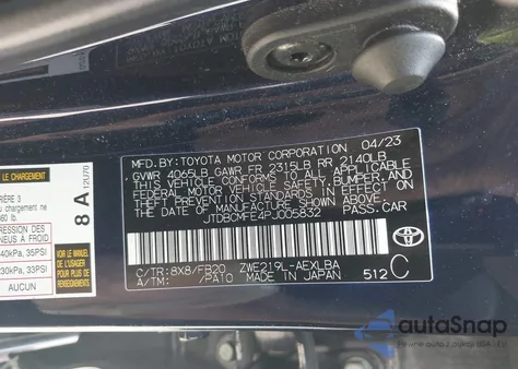 2023 Toyota Corolla Hybrid Le from USA, damaged, VIN JTDBCMFE4PJ005832